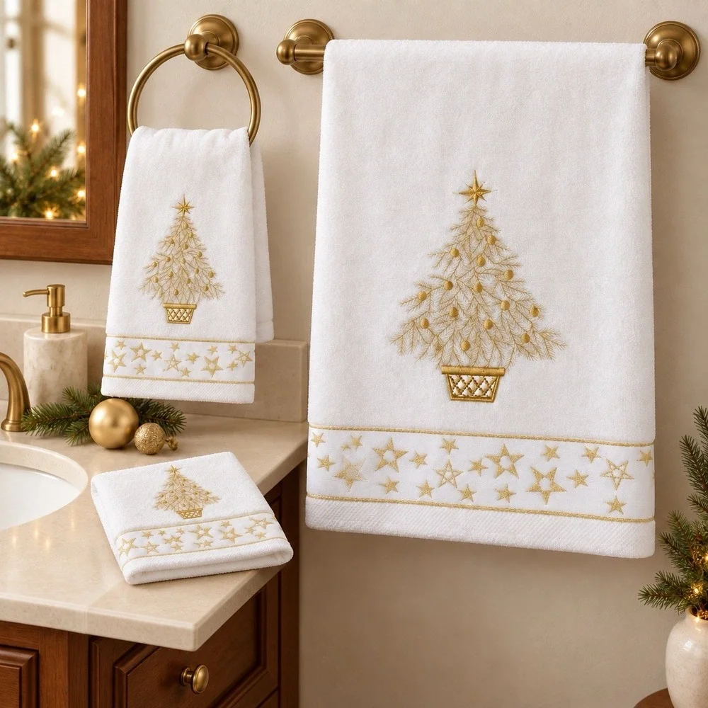 Marina Decoration Christmas Towel Set 3 Pc White Gold Tree Embroidered Cotton